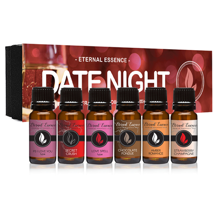 Date Night - Gift Set of 6 Premium Fragrance Oils - PS I Love You, Amber Romance, Secret Crush, Chocolate Fondue, Strawberry Champagne, and Love